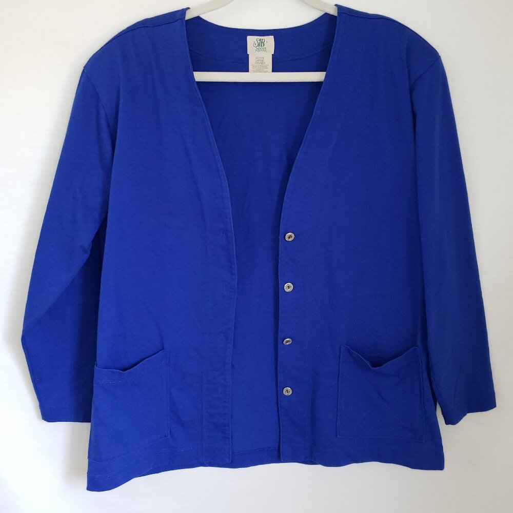 Vtg. St Johns Bay Sport Cobalt Stretch Cardigan Cotton Button up V-Neck Petite L